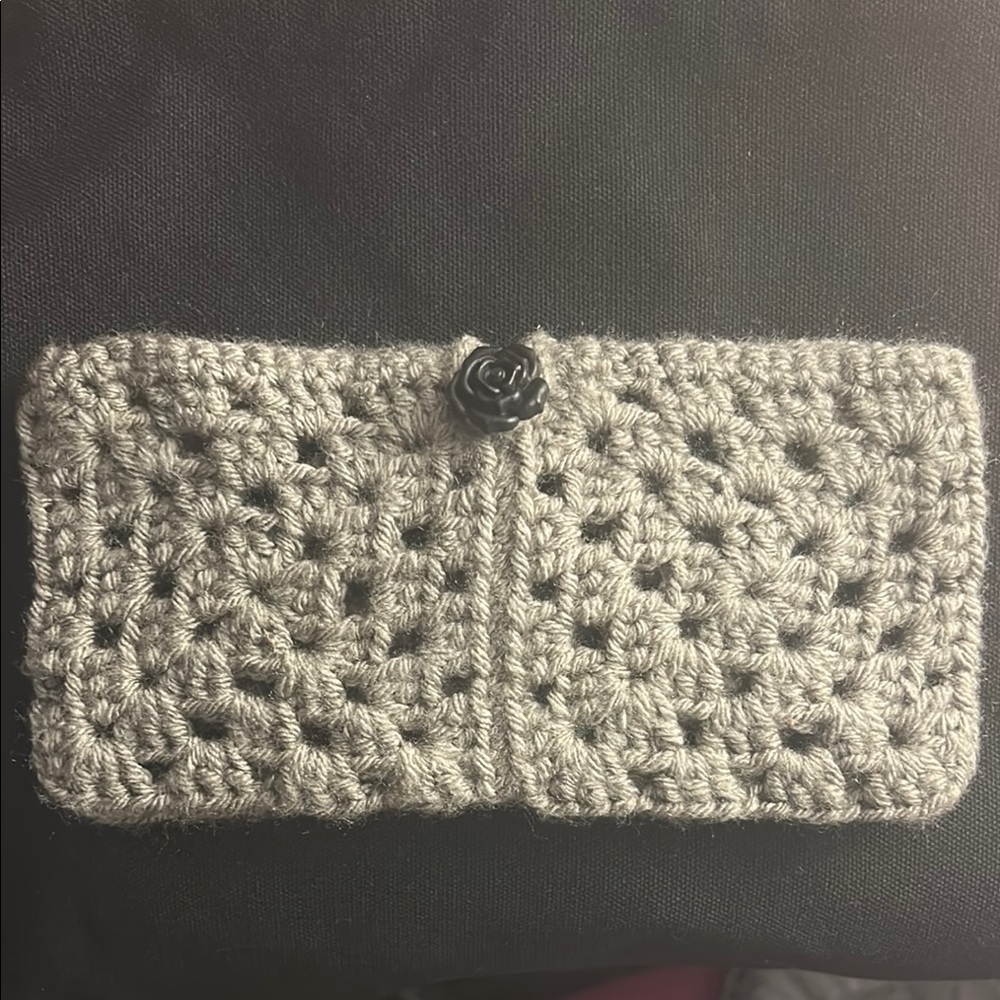 Gray Crochet Clutch with Black Rose Accent